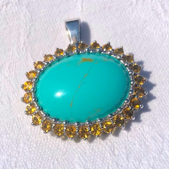 [vintage] Sterling Silver, Turquoise & Citrine Statement Pendant - Picture 6 of 13